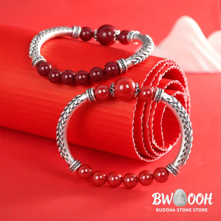 Buddha Stones 999 Sterling Silver Cinnabar Wheat Ears Blessing Bracelet Bangle - BWOOOH - Bracelet Bangle