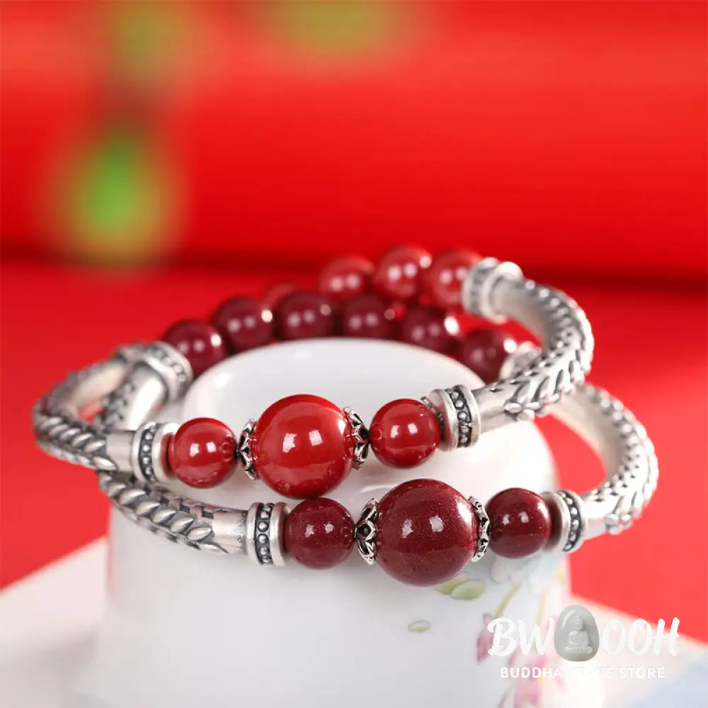 Buddha Stones 999 Sterling Silver Cinnabar Wheat Ears Blessing Bracelet Bangle - BWOOOH - Bracelet Bangle