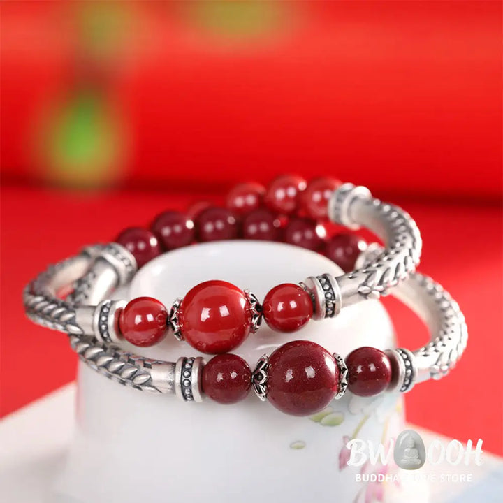 Buddha Stones 999 Sterling Silver Cinnabar Wheat Ears Blessing Bracelet Bangle - BWOOOH - Bracelet Bangle