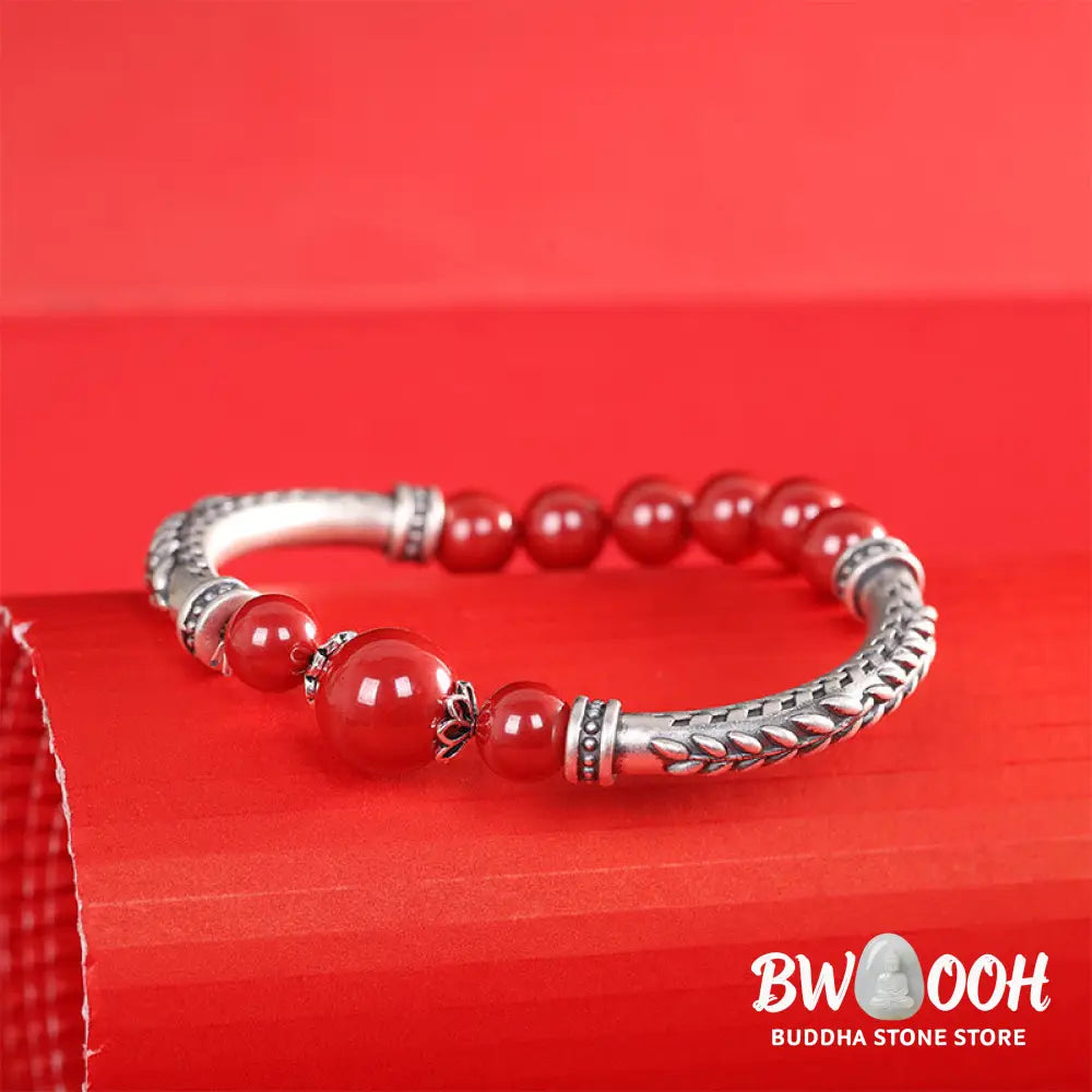 Buddha Stones 999 Sterling Silver Cinnabar Wheat Ears Blessing Bracelet Bangle - BWOOOH - Bracelet Bangle