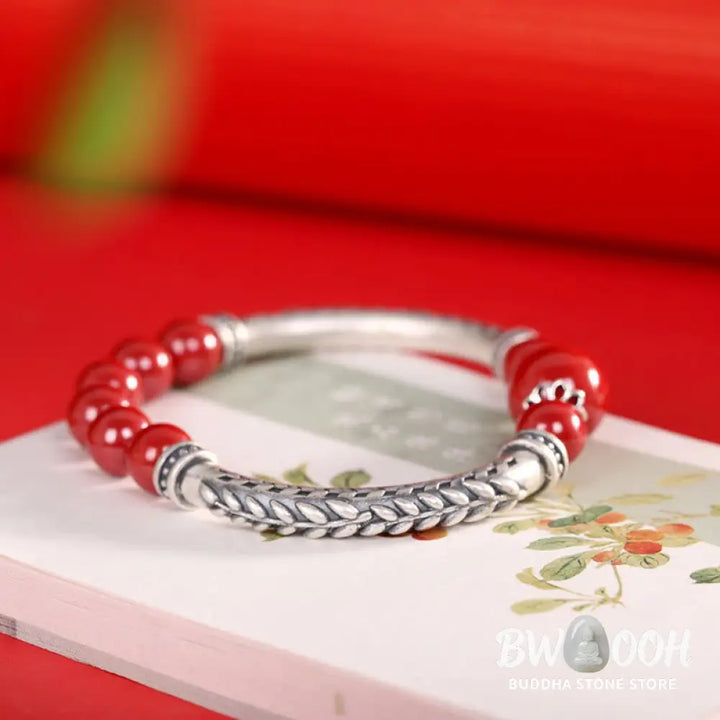 Buddha Stones 999 Sterling Silver Cinnabar Wheat Ears Blessing Bracelet Bangle - BWOOOH - Bracelet Bangle