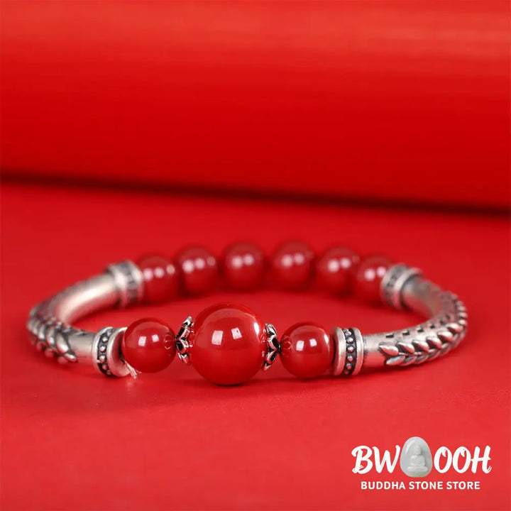 Buddha Stones 999 Sterling Silver Cinnabar Wheat Ears Blessing Bracelet Bangle - BWOOOH - Bracelet Bangle