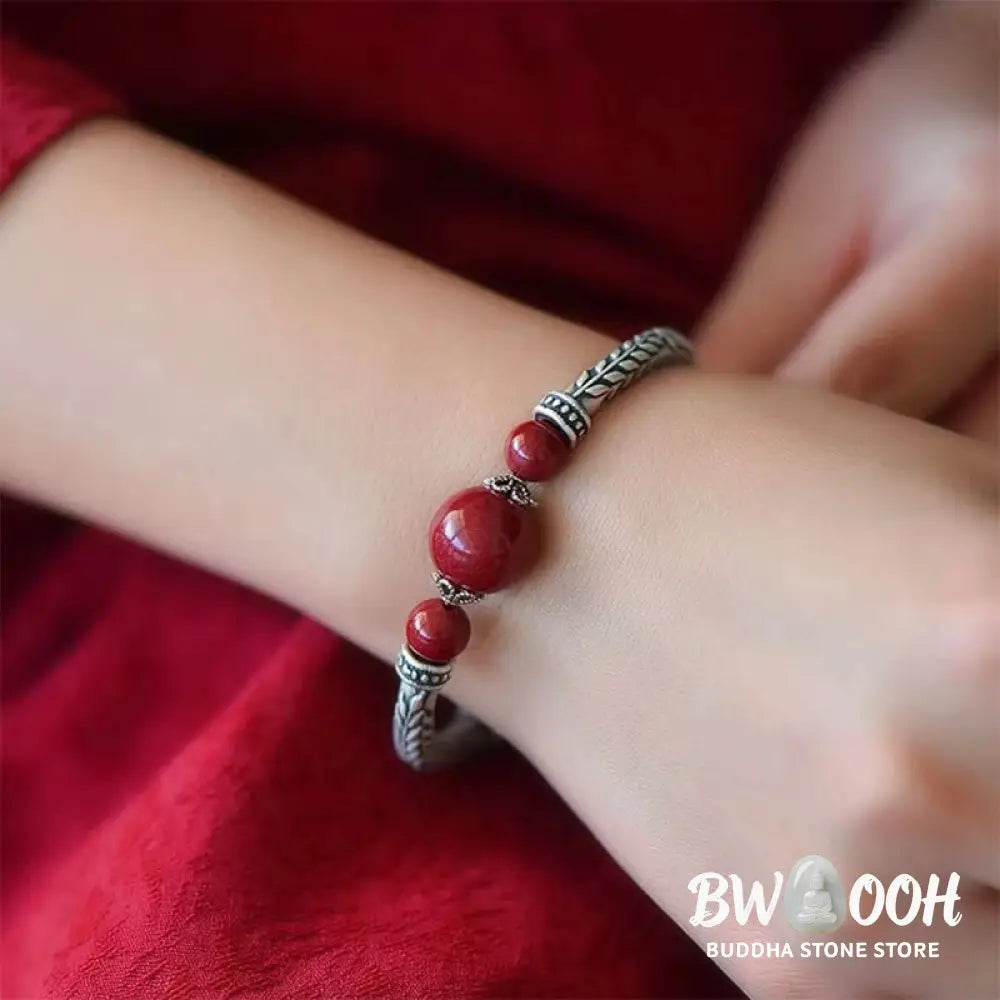 Buddha Stones 999 Sterling Silver Cinnabar Wheat Ears Blessing Bracelet Bangle - BWOOOH - Bracelet Bangle