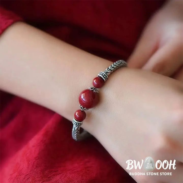 Buddha Stones 999 Sterling Silver Cinnabar Wheat Ears Blessing Bracelet Bangle - BWOOOH - Bracelet Bangle