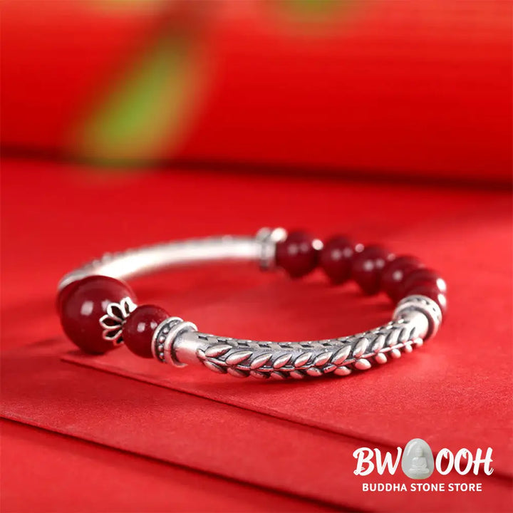 Buddha Stones 999 Sterling Silver Cinnabar Wheat Ears Blessing Bracelet Bangle - BWOOOH - Bracelet Bangle