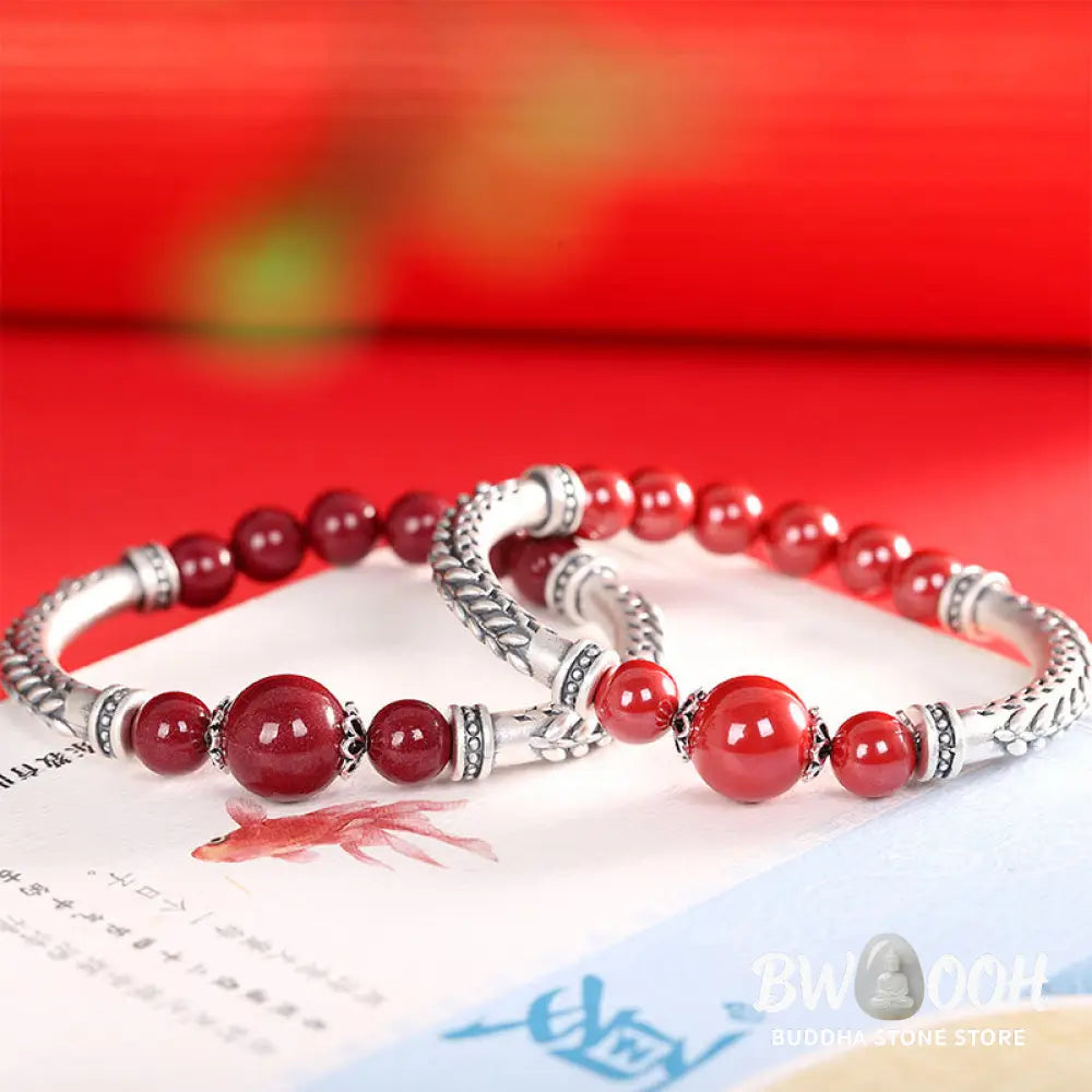 Buddha Stones 999 Sterling Silver Cinnabar Wheat Ears Blessing Bracelet Bangle - BWOOOH - Bracelet Bangle