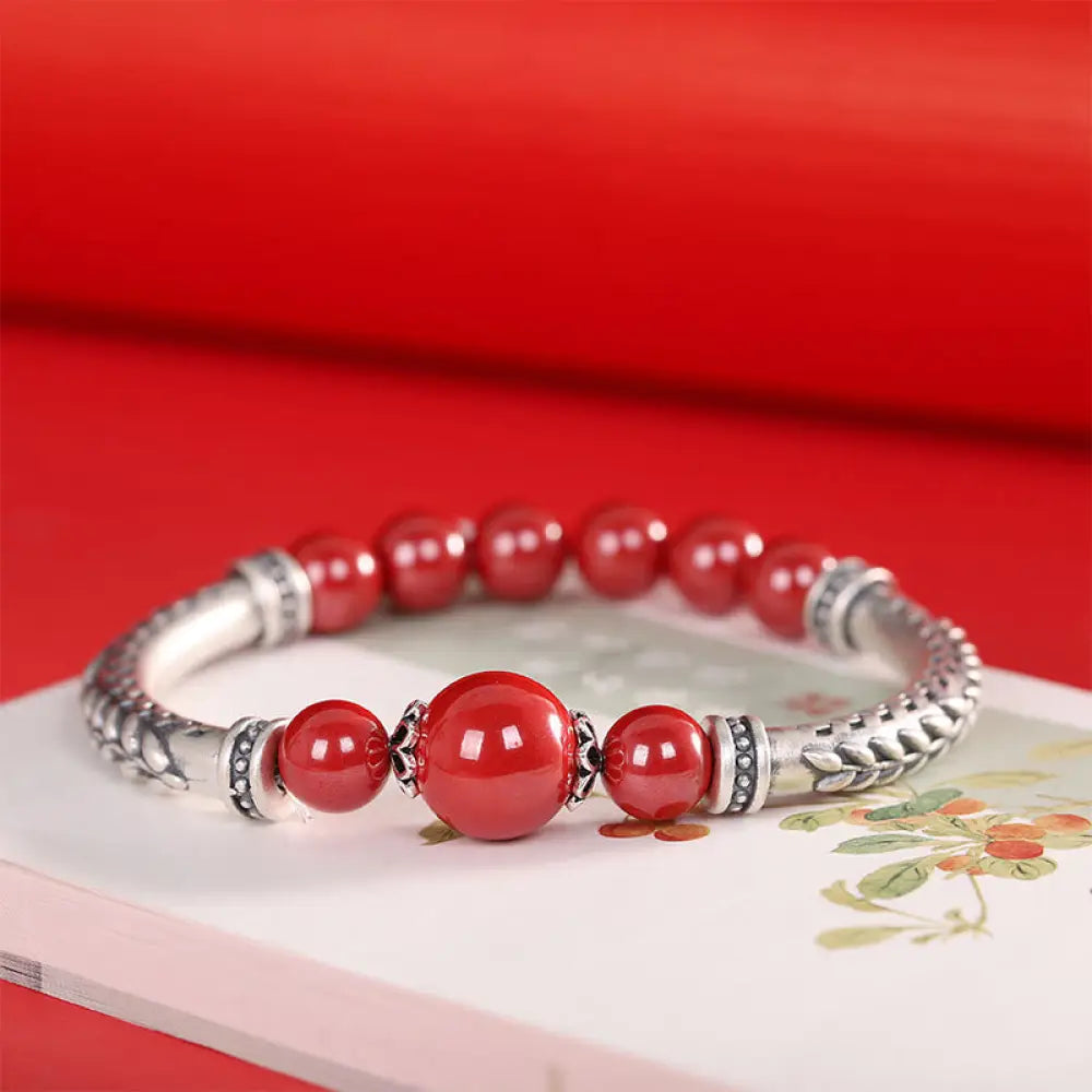 BWOOOH 999 Sterling Silver Cinnabar Wheat Ears Blessing Bracelet Bangle - BWOOOH - Red Cinnabar(Wrist