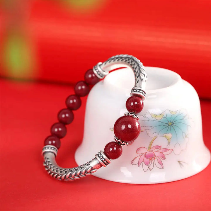 Buddha Stones 999 Sterling Silver Cinnabar Wheat Ears Blessing Bracelet Bangle - BWOOOH - Cinnabar(Wrist Circumference: