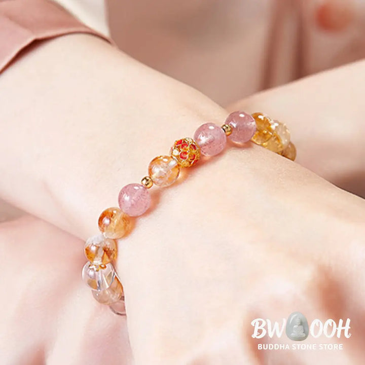 Buddha Stones 999 Sterling Silver Citrine Strawberry Quartz White Crystal Protection Bracelet - BWOOOH - Citrine(Wrist
