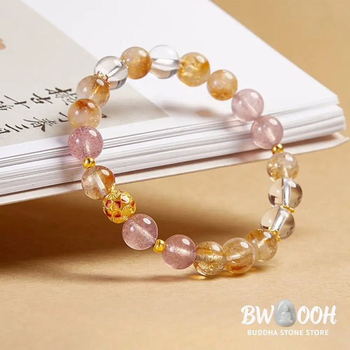 Buddha Stones 999 Sterling Silver Citrine Strawberry Quartz White Crystal Protection Bracelet - BWOOOH - Citrine(Wrist