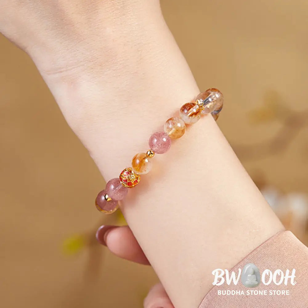 Buddha Stones 999 Sterling Silver Citrine Strawberry Quartz White Crystal Protection Bracelet - BWOOOH - Citrine(Wrist