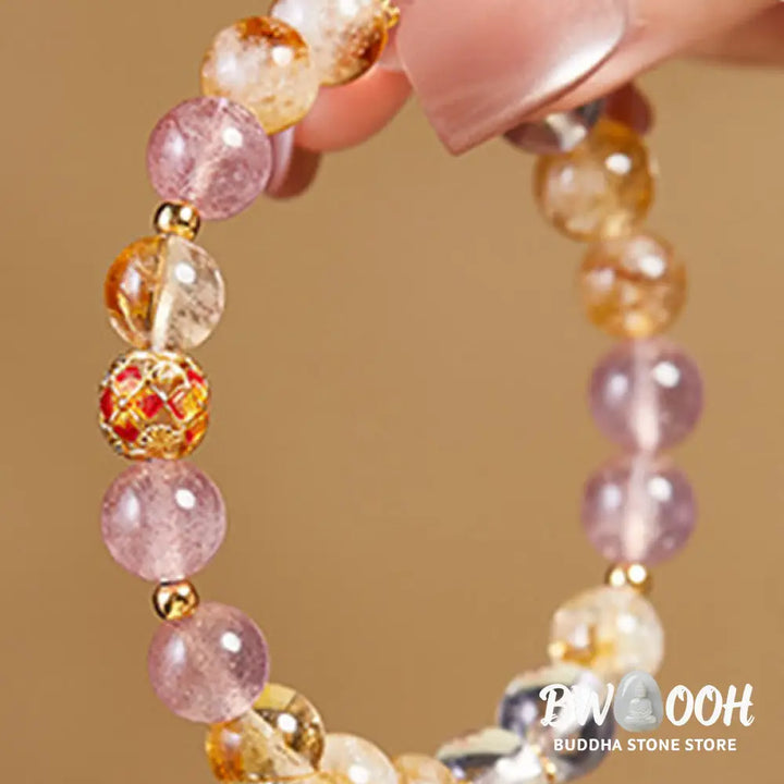 Buddha Stones 999 Sterling Silver Citrine Strawberry Quartz White Crystal Protection Bracelet - BWOOOH - Citrine(Wrist