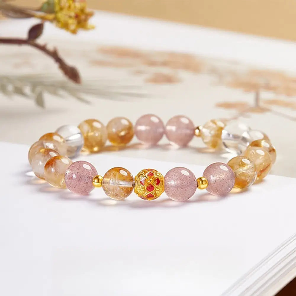 BWOOOH 999 Sterling Silver Citrine Strawberry Quartz White Crystal Protection Bracelet — Sterling Silver crystal healing b...