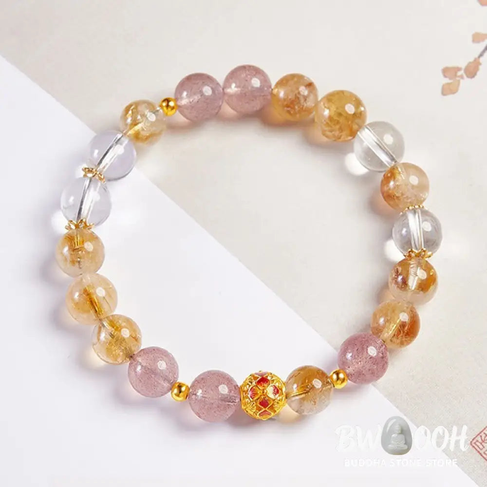 Buddha Stones 999 Sterling Silver Citrine Strawberry Quartz White Crystal Protection Bracelet - BWOOOH - Citrine(Wrist