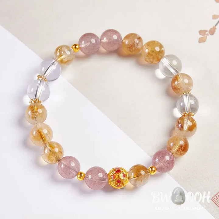 Buddha Stones 999 Sterling Silver Citrine Strawberry Quartz White Crystal Protection Bracelet - BWOOOH - Citrine(Wrist