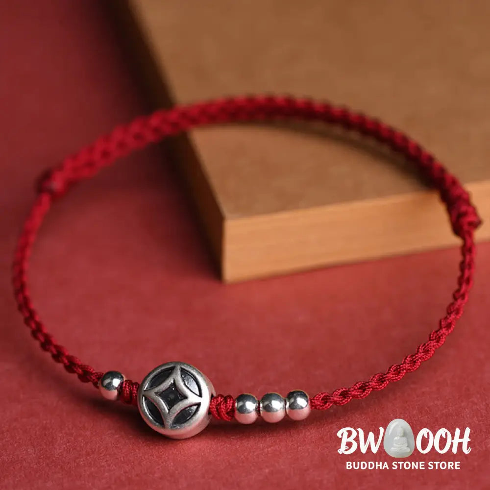 Buddha Stones 999 Sterling Silver Copper Coin Charm Handmade String Strength Bracelet Anklet - Bracelet Anklet