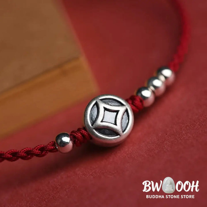 Buddha Stones 999 Sterling Silver Copper Coin Charm Handmade String Strength Bracelet Anklet - Bracelet Anklet