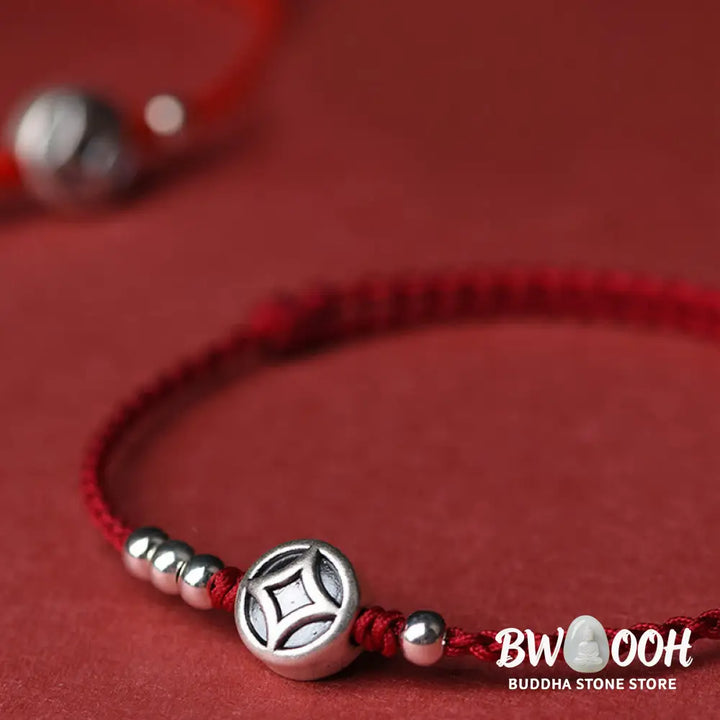 Buddha Stones 999 Sterling Silver Copper Coin Charm Handmade String Strength Bracelet Anklet - Bracelet Anklet