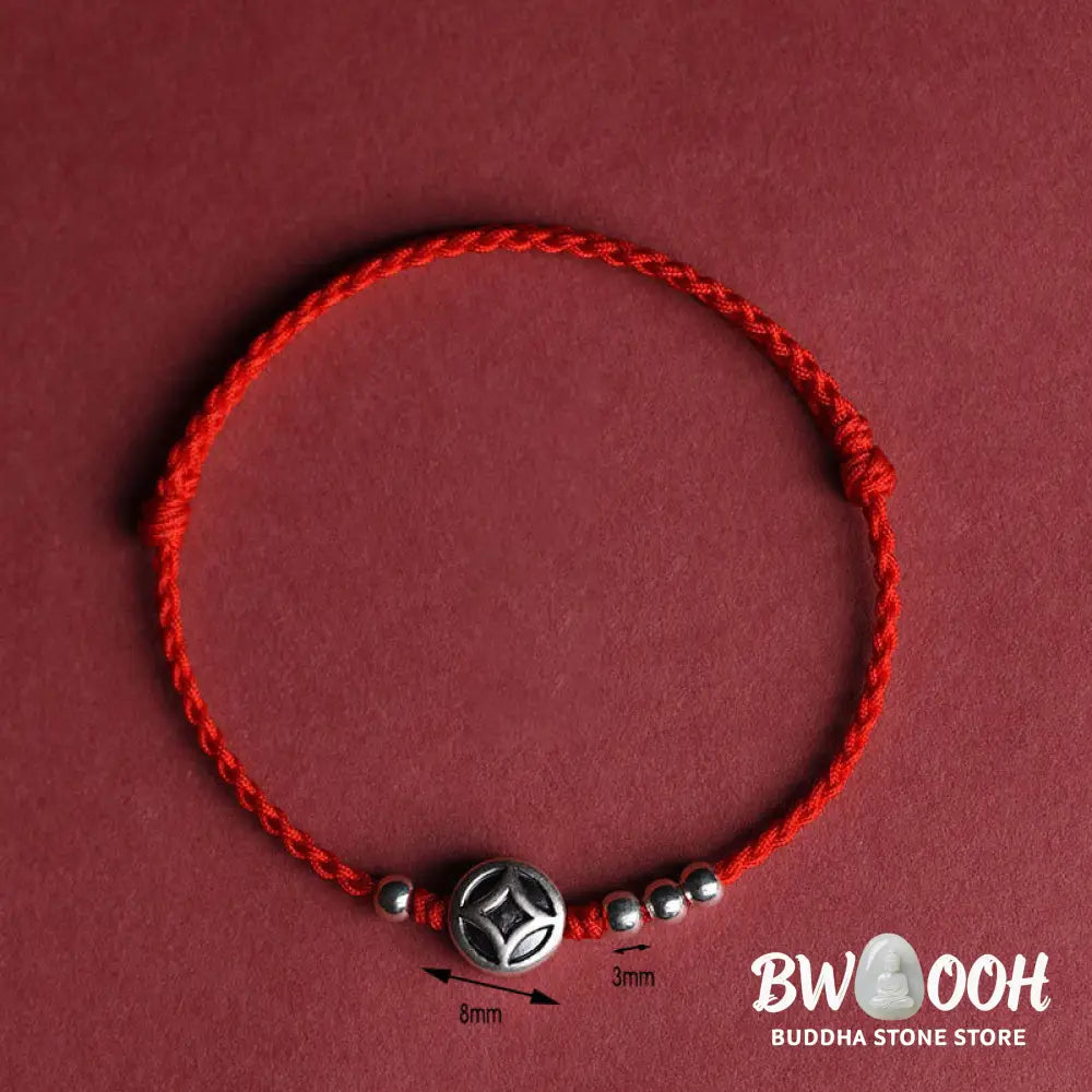 Buddha Stones 999 Sterling Silver Copper Coin Charm Handmade String Strength Bracelet Anklet - Bracelet Anklet