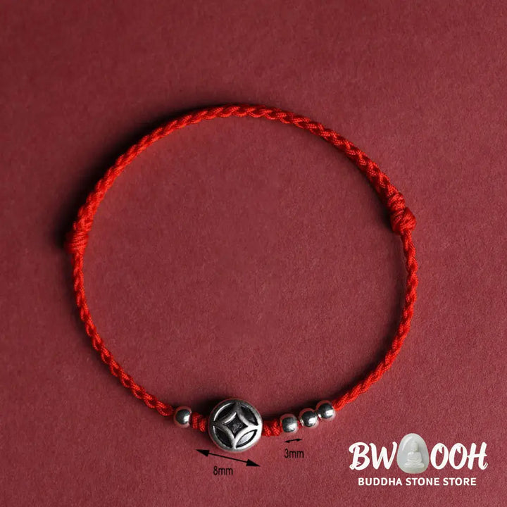 Buddha Stones 999 Sterling Silver Copper Coin Charm Handmade String Strength Bracelet Anklet - Bracelet Anklet