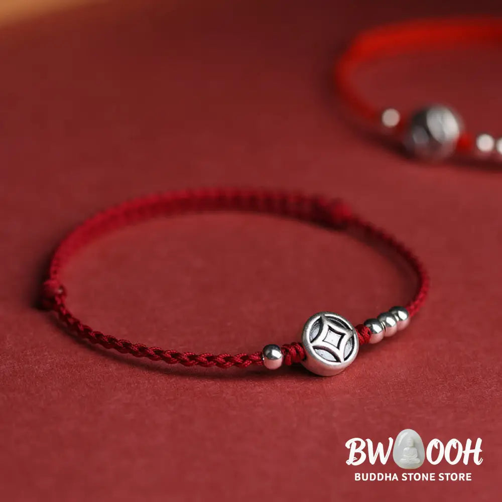 Buddha Stones 999 Sterling Silver Copper Coin Charm Handmade String Strength Bracelet Anklet - Bracelet Anklet