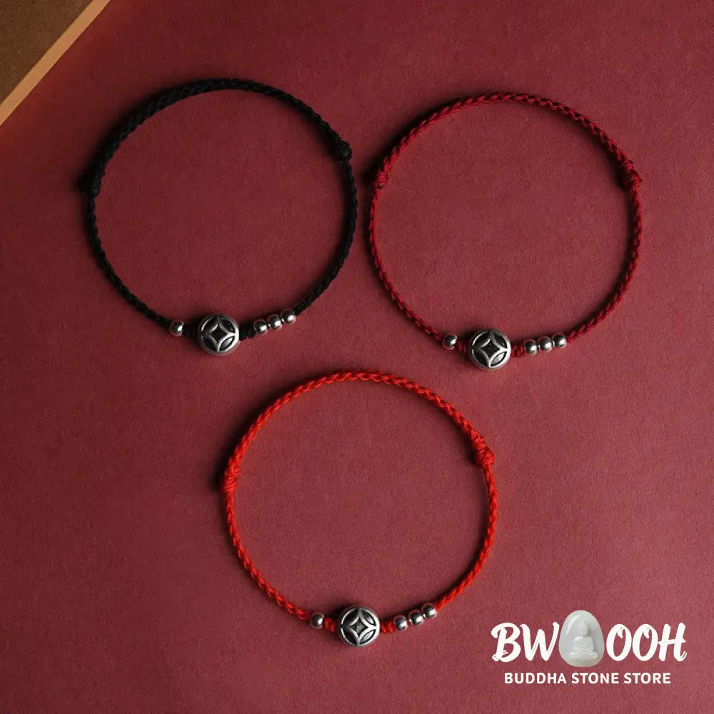 Buddha Stones 999 Sterling Silver Copper Coin Charm Handmade String Strength Bracelet Anklet - Bracelet Anklet