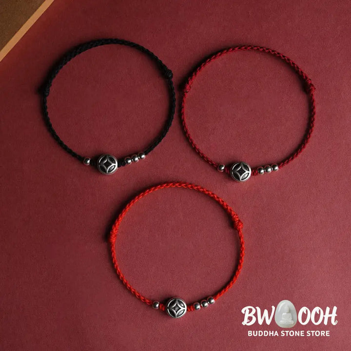 Buddha Stones 999 Sterling Silver Copper Coin Charm Handmade String Strength Bracelet Anklet - Bracelet Anklet