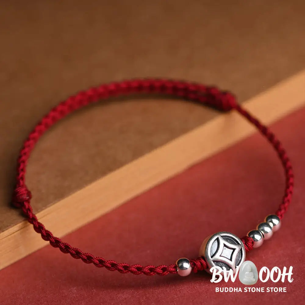 Buddha Stones 999 Sterling Silver Copper Coin Charm Handmade String Strength Bracelet Anklet - Bracelet Anklet