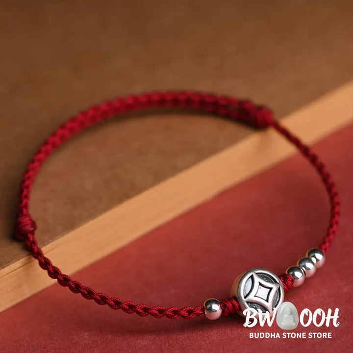 Buddha Stones 999 Sterling Silver Copper Coin Charm Handmade String Strength Bracelet Anklet - Bracelet Anklet