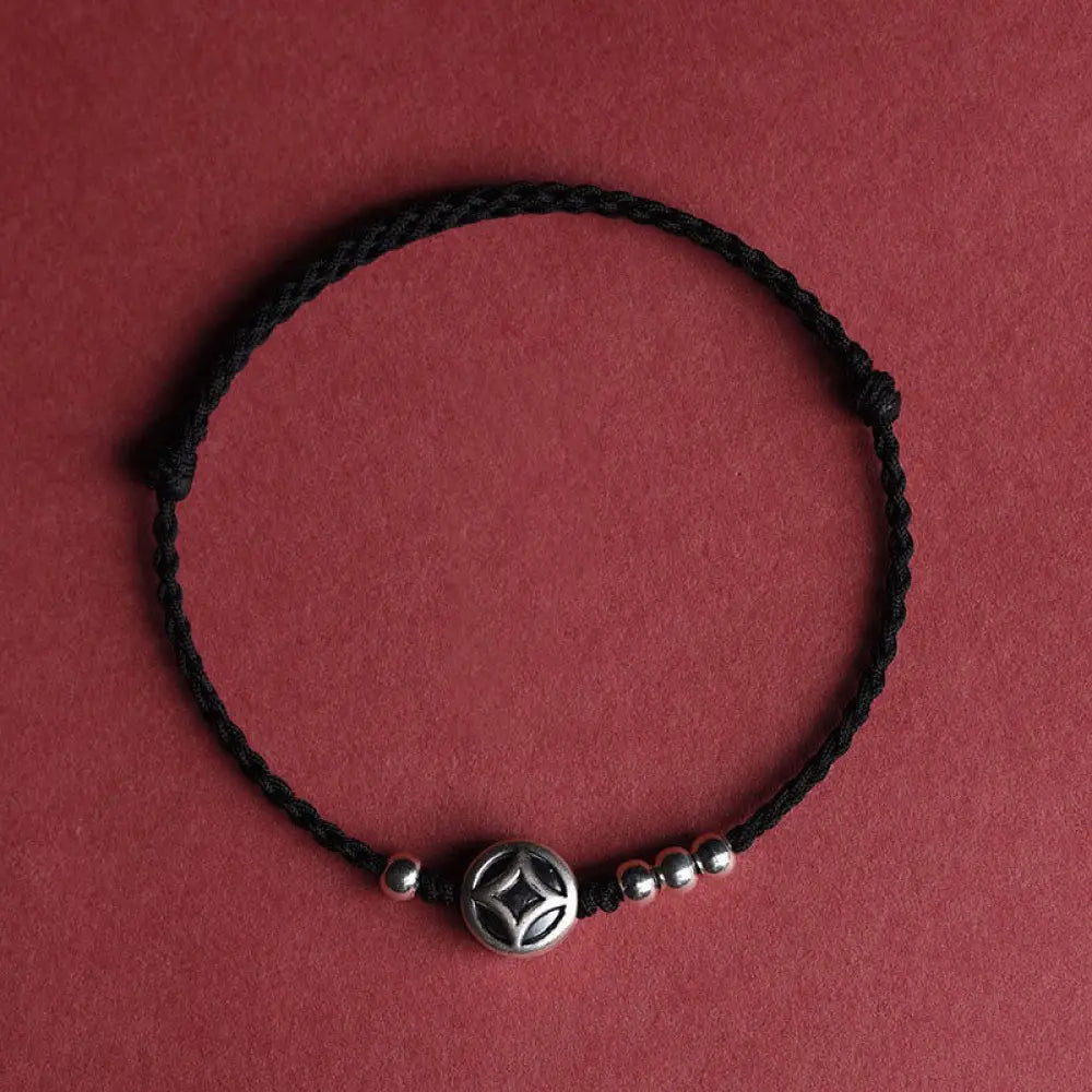Buddha Stones 999 Sterling Silver Copper Coin Charm Handmade String Strength Bracelet Anklet - Black String