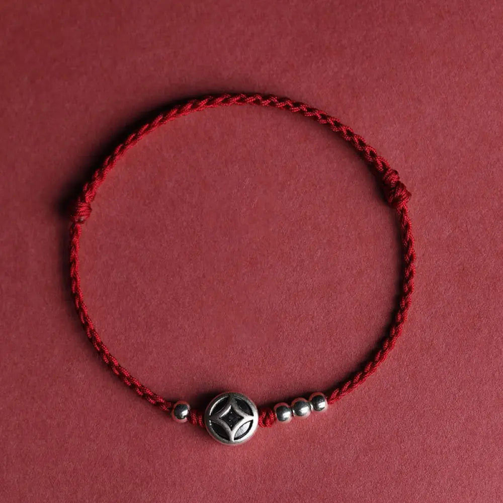 Buddha Stones 999 Sterling Silver Copper Coin Charm Handmade String Strength Bracelet Anklet - Darkred String