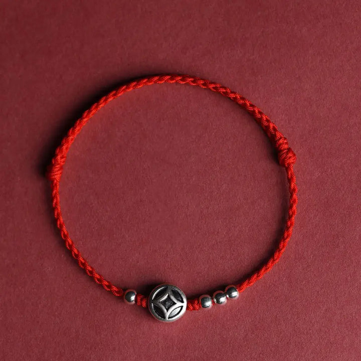 Buddha Stones 999 Sterling Silver Copper Coin Charm Handmade String Strength Bracelet Anklet - Red String