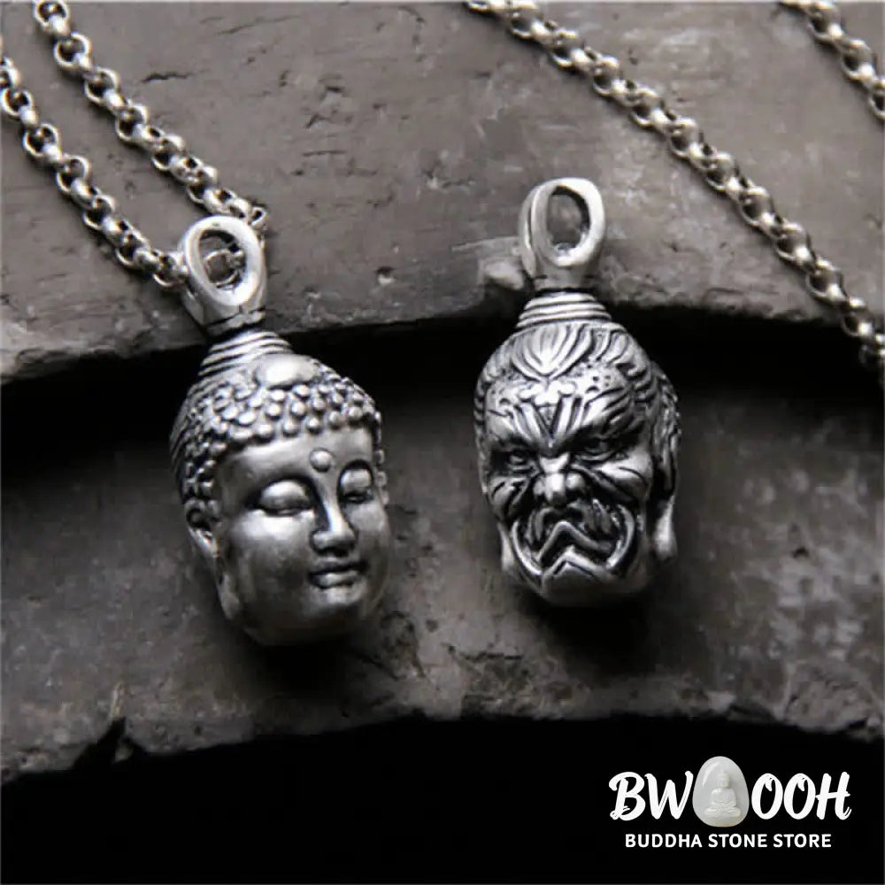 Buddha Stones 999 Sterling Silver Buddha Demon Serenity Necklace Pendant - BWOOOH - Necklaces &amp; Pendants