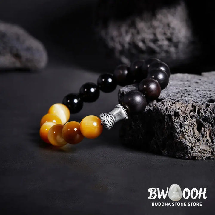 Buddha Stones 999 Sterling Silver Ebony Tiger Eye Black Obsidian Relax Bracelet - Ebony(Wrist Circumference:18-20cm)