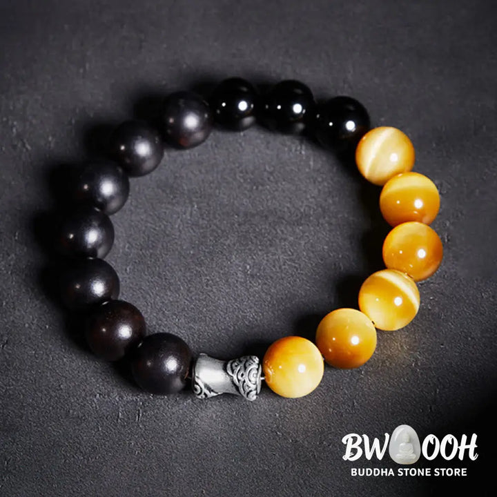 Buddha Stones 999 Sterling Silver Ebony Tiger Eye Black Obsidian Relax Bracelet - Ebony(Wrist Circumference:18-20cm)
