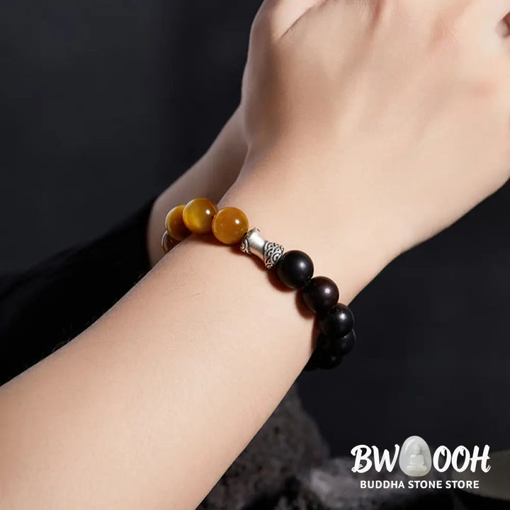 Buddha Stones 999 Sterling Silver Ebony Tiger Eye Black Obsidian Relax Bracelet - Ebony(Wrist Circumference:18-20cm)
