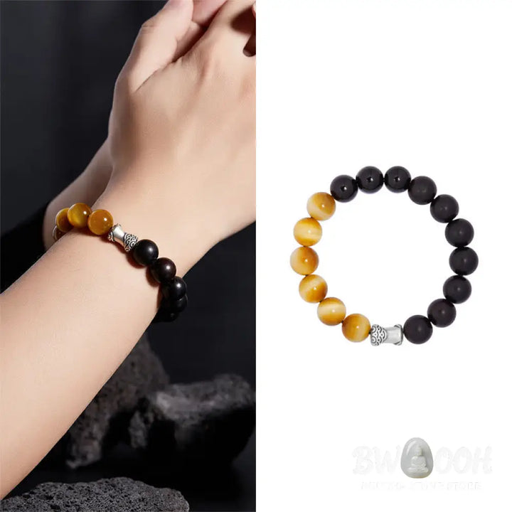 Buddha Stones 999 Sterling Silver Ebony Tiger Eye Black Obsidian Relax Bracelet - Ebony(Wrist Circumference:18-20cm)