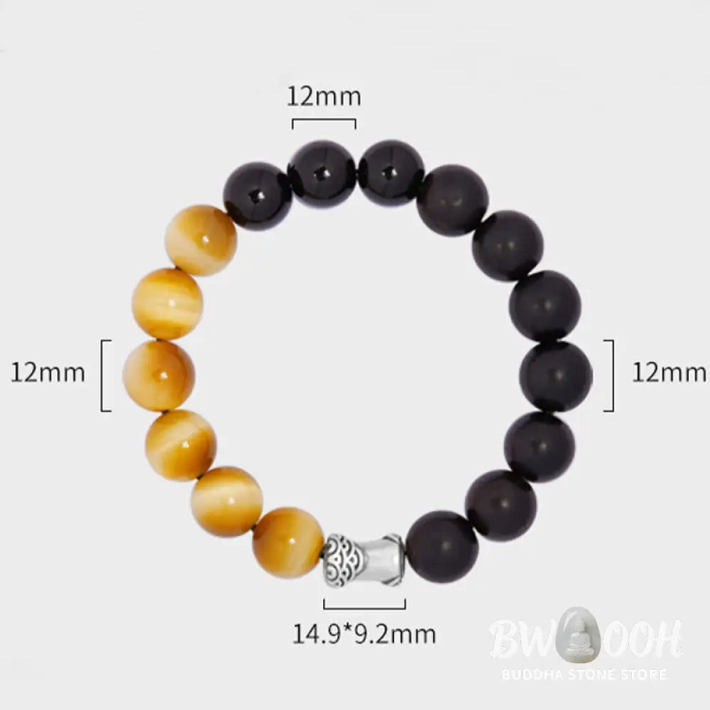 Buddha Stones 999 Sterling Silver Ebony Tiger Eye Black Obsidian Relax Bracelet - Ebony(Wrist Circumference:18-20cm)