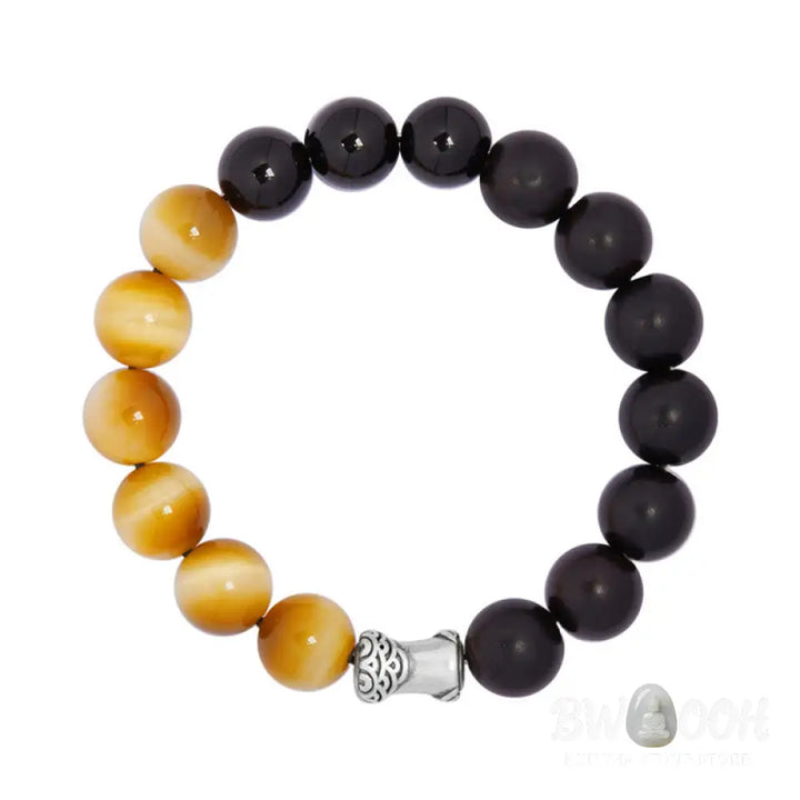 Buddha Stones 999 Sterling Silver Ebony Tiger Eye Black Obsidian Relax Bracelet - Ebony(Wrist Circumference:18-20cm)