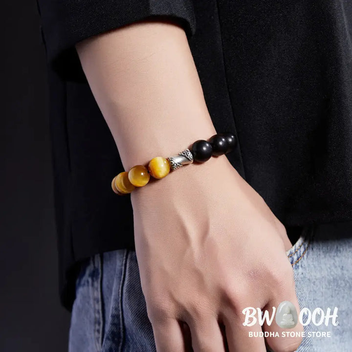 Buddha Stones 999 Sterling Silver Ebony Tiger Eye Black Obsidian Relax Bracelet - Ebony(Wrist Circumference:18-20cm)