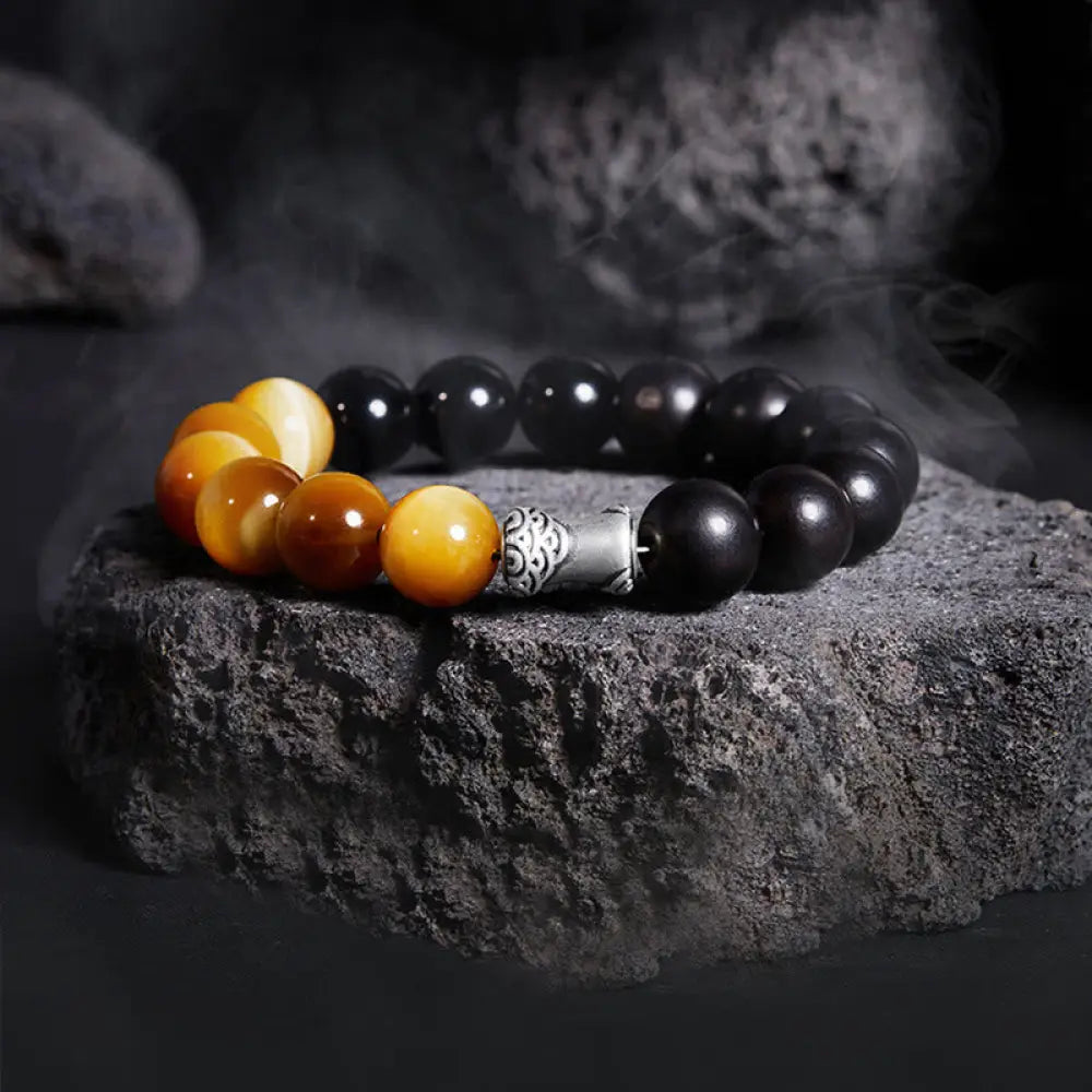 Buddha Stones 999 Sterling Silver Ebony Tiger Eye Black Obsidian Relax Bracelet - Ebony(Wrist Circumference:18-20cm)