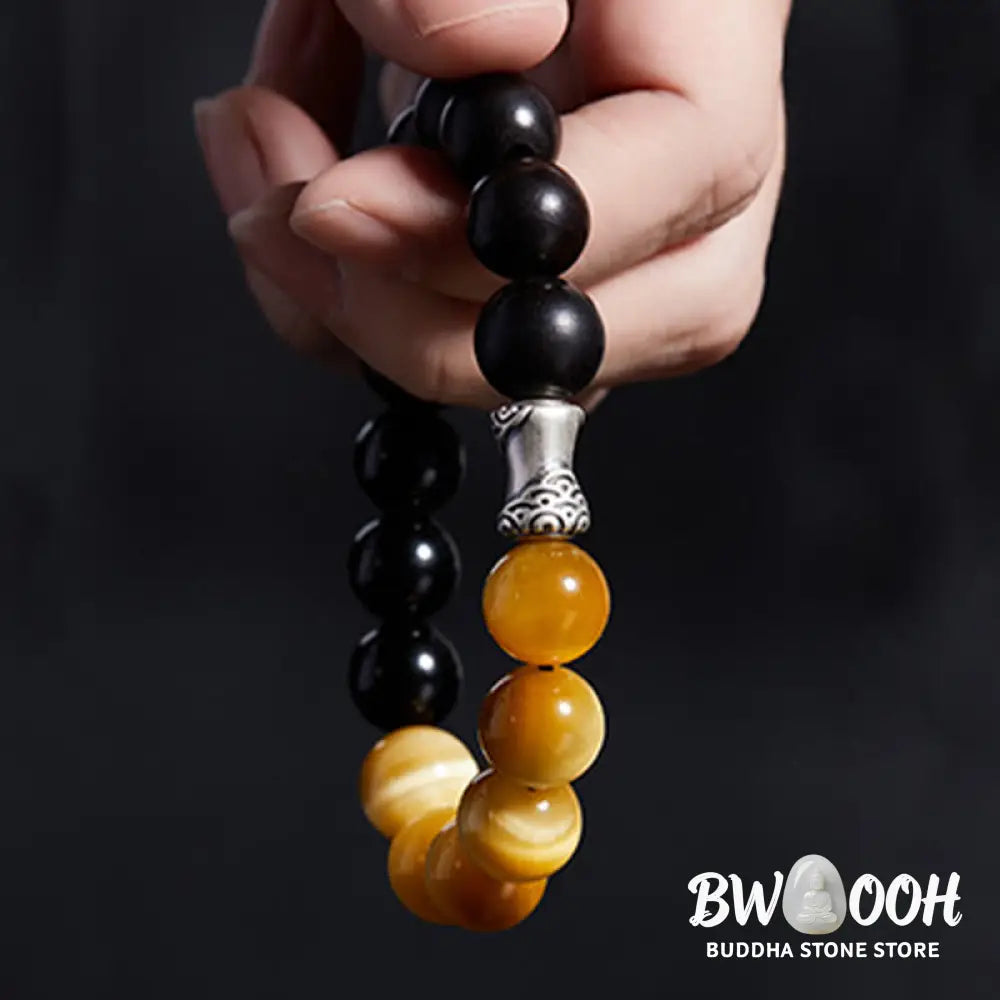 Buddha Stones 999 Sterling Silver Ebony Tiger Eye Black Obsidian Relax Bracelet - Ebony(Wrist Circumference:18-20cm)