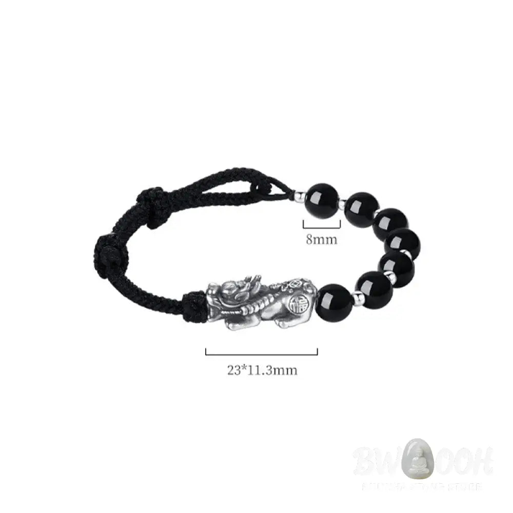 Buddha Stones 999 Sterling Silver FengShui PiXiu Natural Black Obsidian 925 Sterling Silver Bead Strength Bracelet
