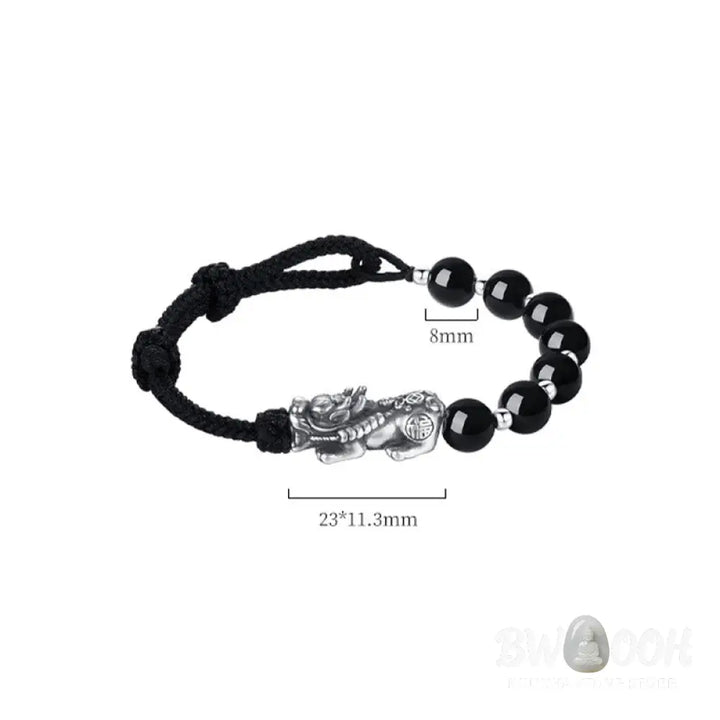 Buddha Stones 999 Sterling Silver FengShui PiXiu Natural Black Obsidian 925 Sterling Silver Bead Strength Bracelet