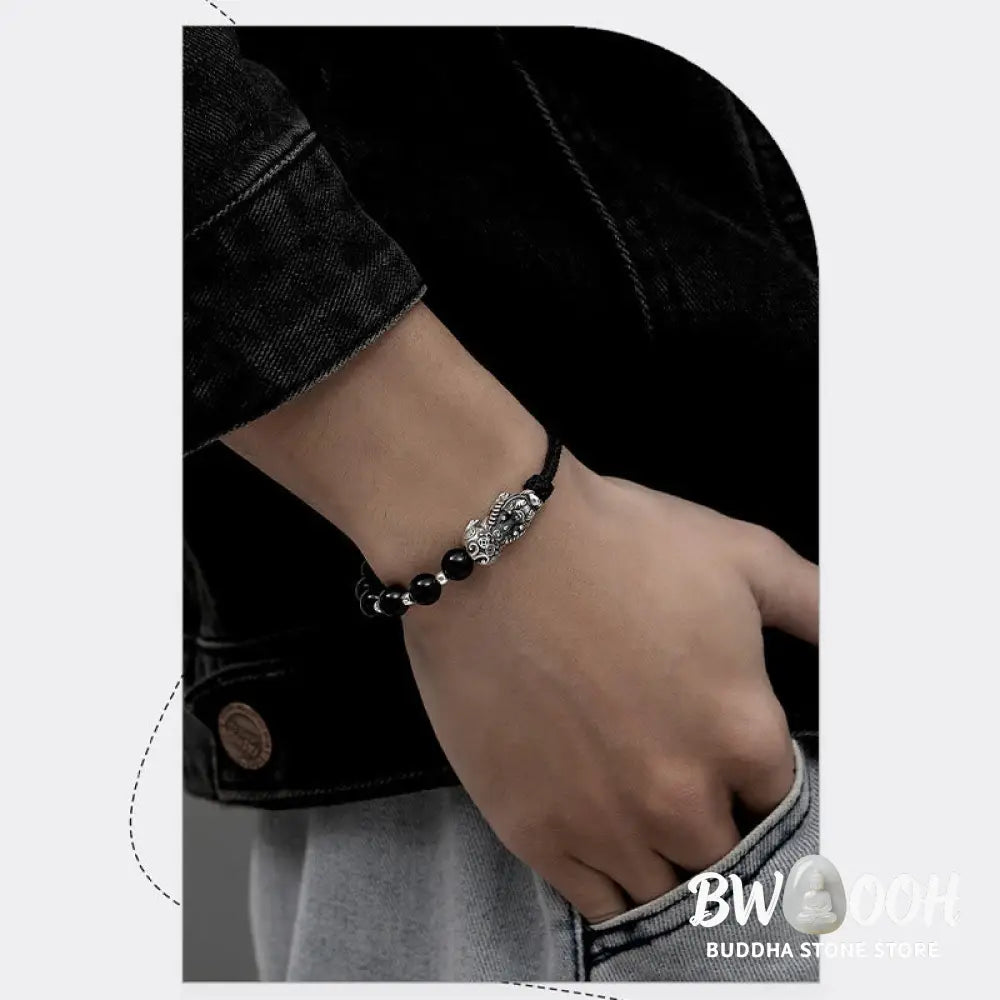 Buddha Stones 999 Sterling Silver FengShui PiXiu Natural Black Obsidian 925 Sterling Silver Bead Strength Bracelet