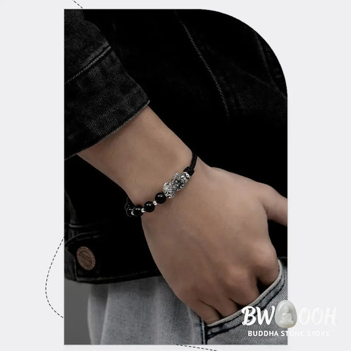 Buddha Stones 999 Sterling Silver FengShui PiXiu Natural Black Obsidian 925 Sterling Silver Bead Strength Bracelet