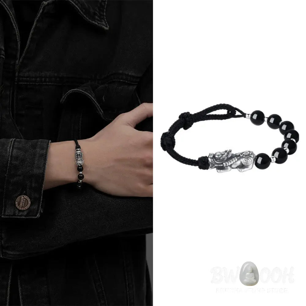 Buddha Stones 999 Sterling Silver FengShui PiXiu Natural Black Obsidian 925 Sterling Silver Bead Strength Bracelet