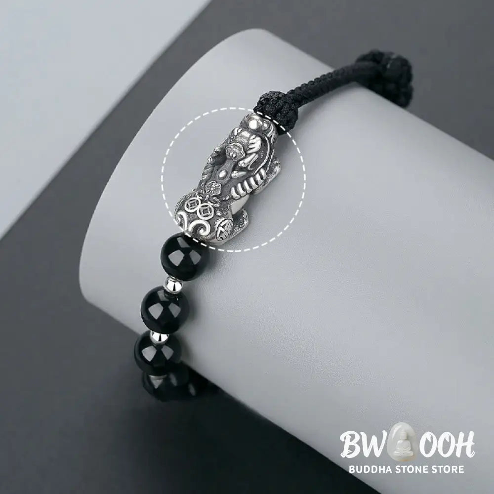 Buddha Stones 999 Sterling Silver FengShui PiXiu Natural Black Obsidian 925 Sterling Silver Bead Strength Bracelet