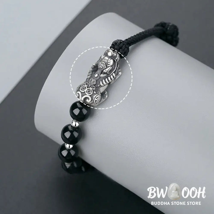 Buddha Stones 999 Sterling Silver FengShui PiXiu Natural Black Obsidian 925 Sterling Silver Bead Strength Bracelet