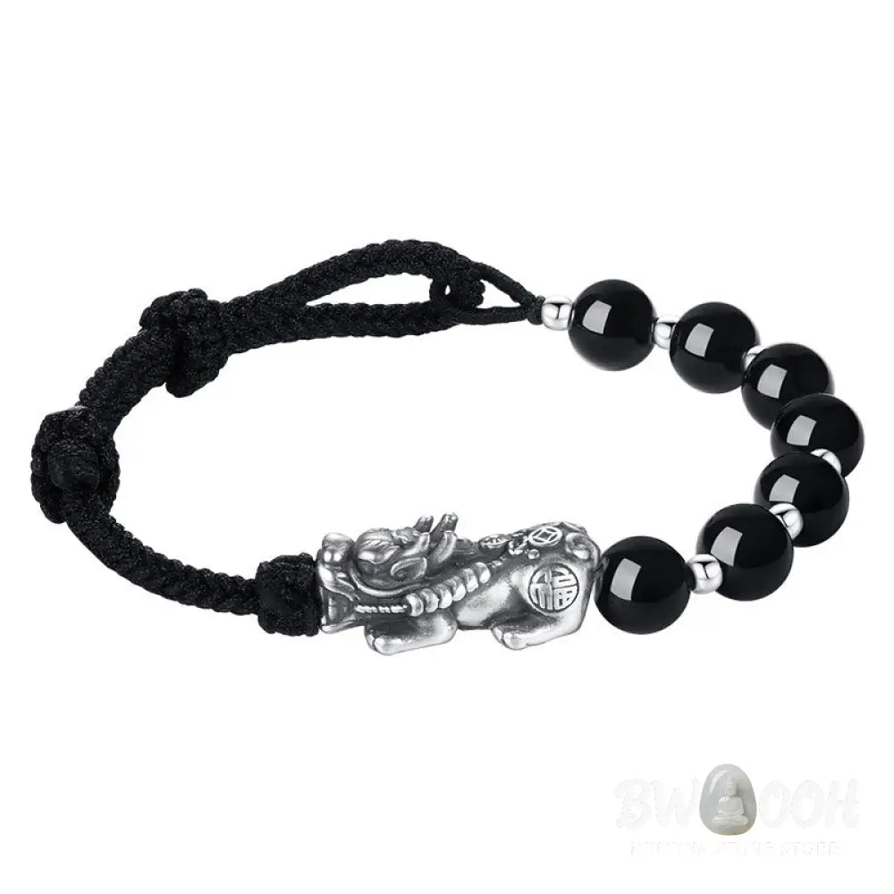 Buddha Stones 999 Sterling Silver FengShui PiXiu Natural Black Obsidian 925 Sterling Silver Bead Strength Bracelet